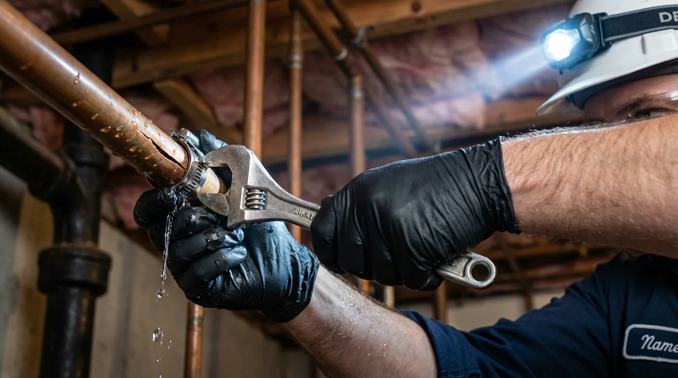 Emergency pipe clamp repair being performed by a Johns Plumbing LLC plumber in Greeley