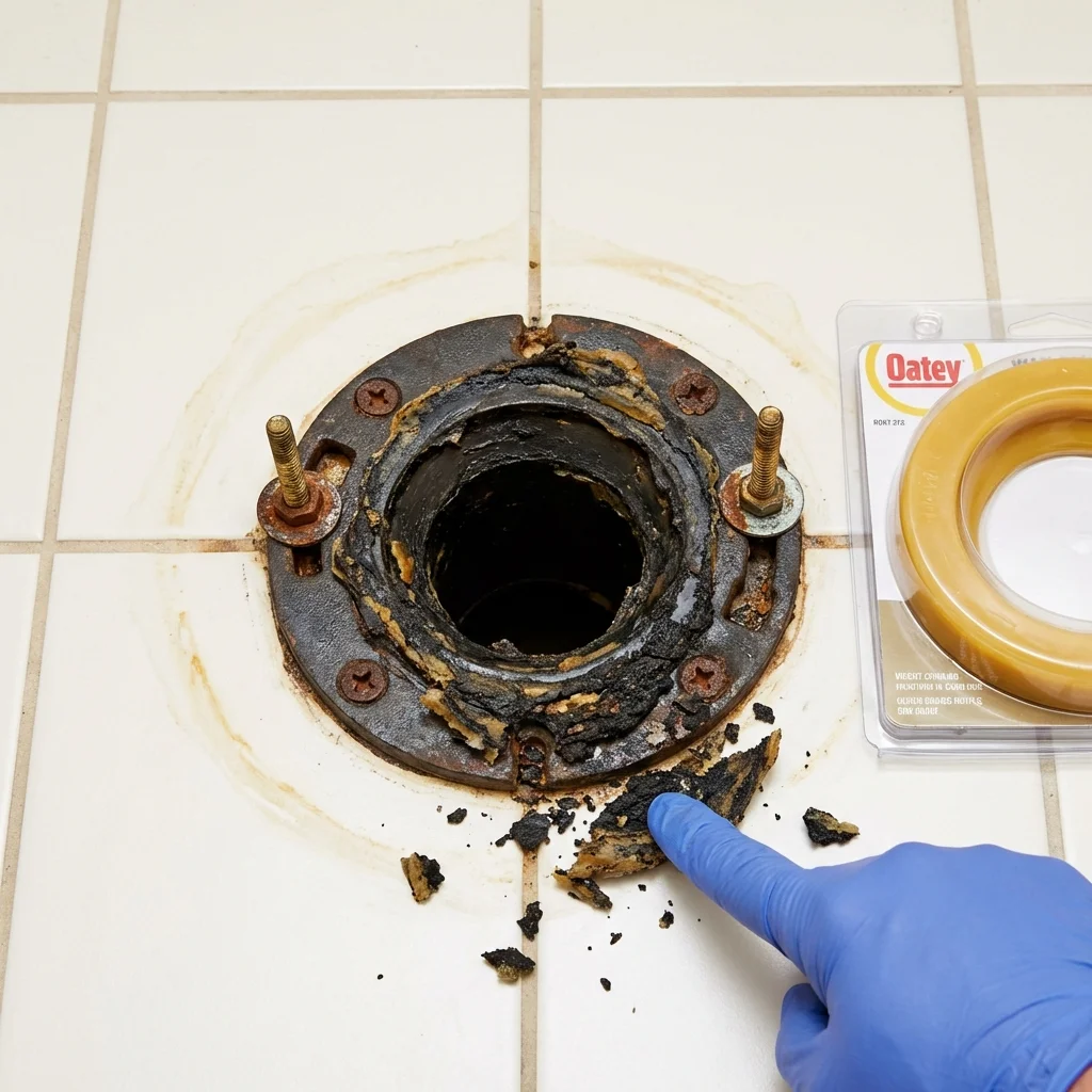 Failed wax ring showing water seepage at the base of a toilet in a Greeley, NE home