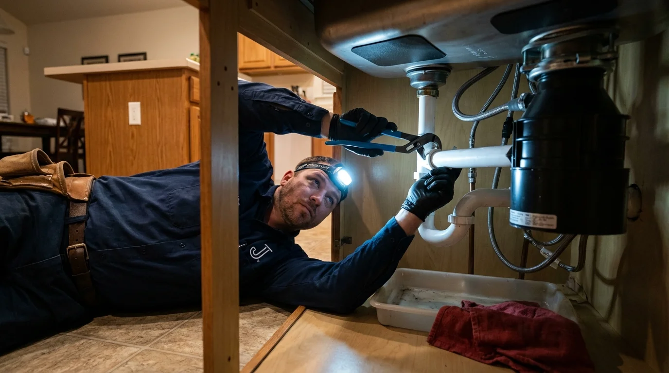 P-trap and supply line connections under a kitchen sink showing a common leak point in Greeley, NE
